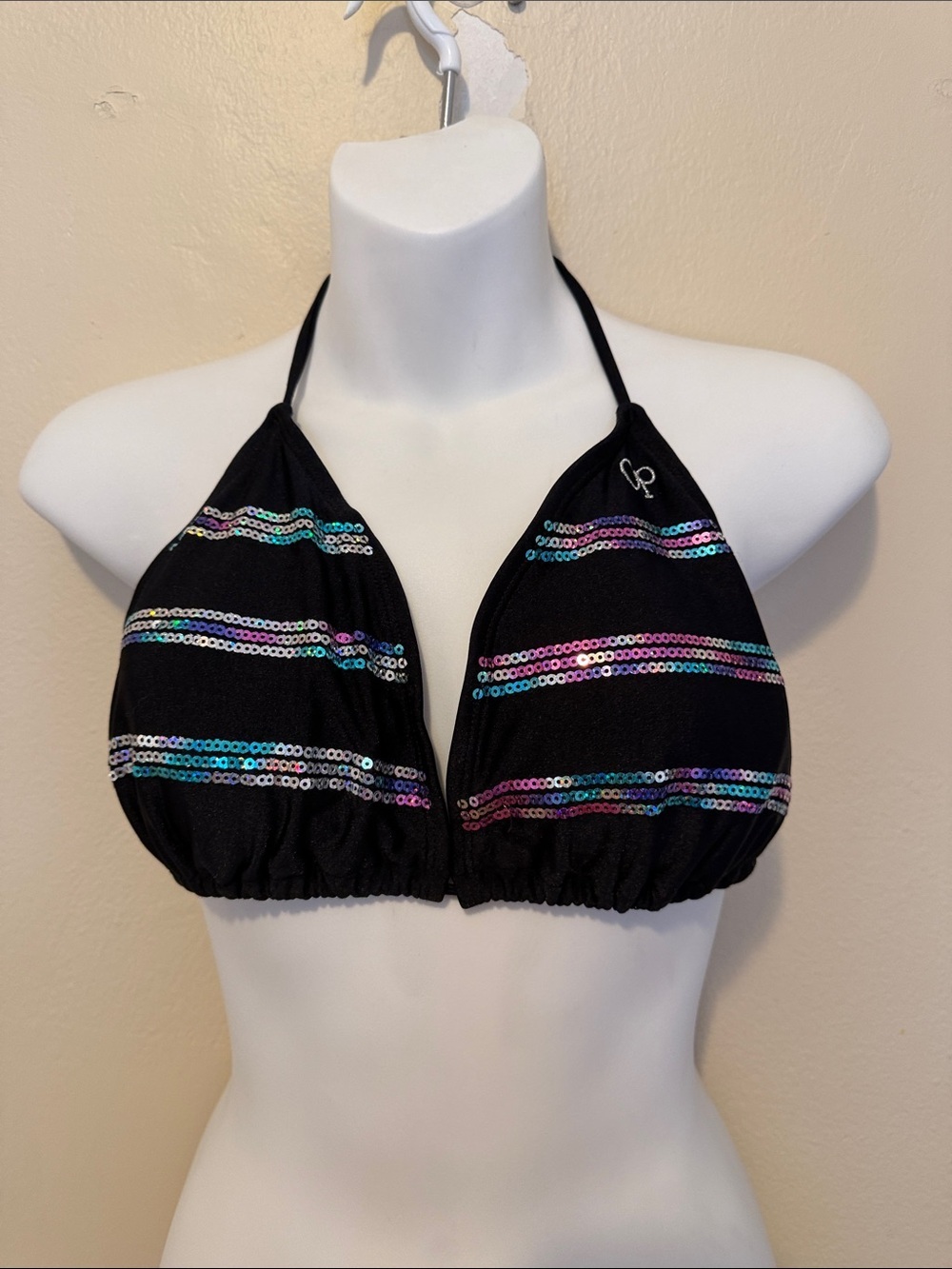 OP Black Halter Bikini Top with Iridescent Sequin Stripes